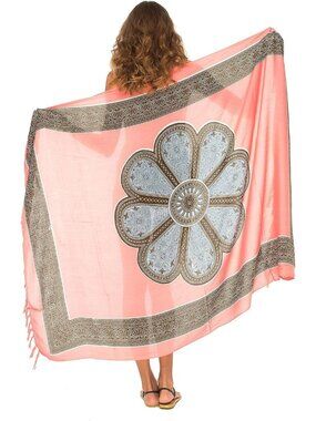 Women's Coral/Grey Comfortable Beach Swimsuit Cover Up Flower Sarong Wrap